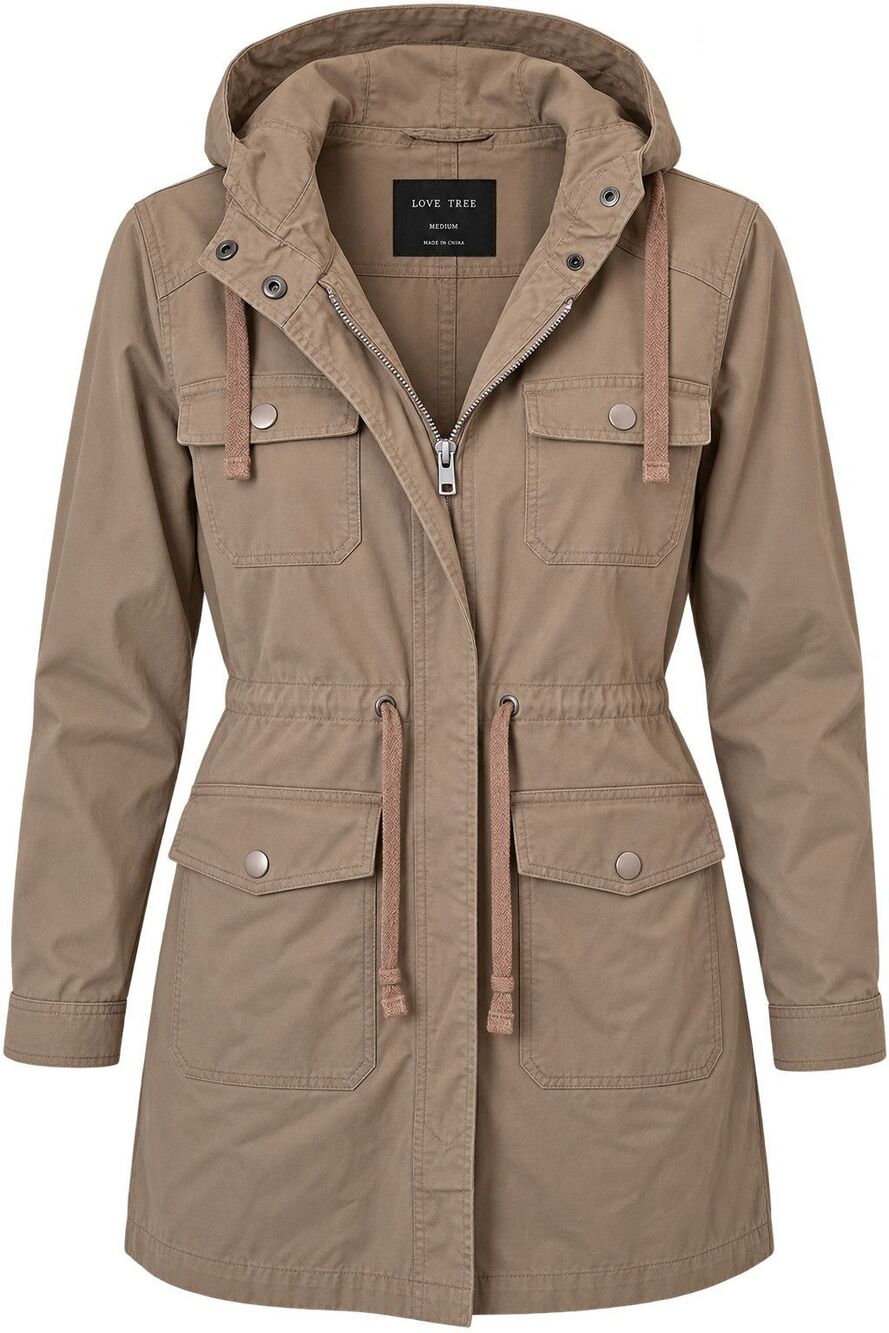 Love Tree by Charlotte Russe Size M Women Utility Jacket Khaki Hooded Drawstring